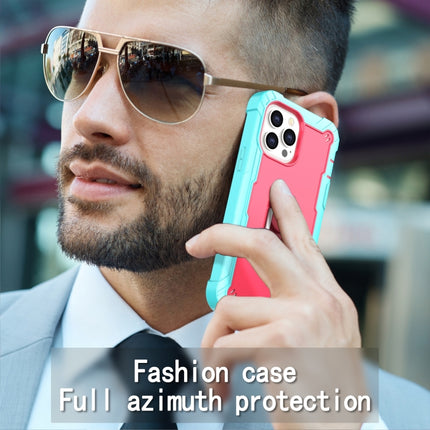 PC + Rubber 3-layers Shockproof Protective Case with Rotating Holder For iPhone 13 Pro Max(Mint Green + Rose Red)-garmade.com