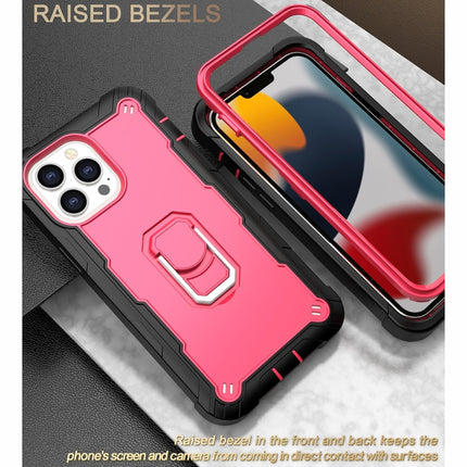 PC + Rubber 3-layers Shockproof Protective Case with Rotating Holder For iPhone 13 Pro Max(Black + Rose Red)-garmade.com