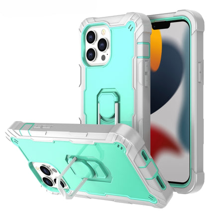 PC + Rubber 3-layers Shockproof Protective Case with Rotating Holder For iPhone 13 Pro Max(Grey White + Mint Green)-garmade.com