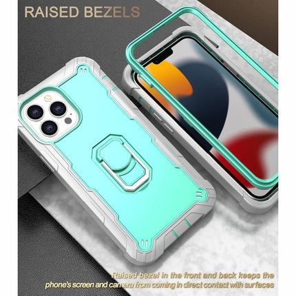 PC + Rubber 3-layers Shockproof Protective Case with Rotating Holder For iPhone 13 Pro Max(Grey White + Mint Green)-garmade.com