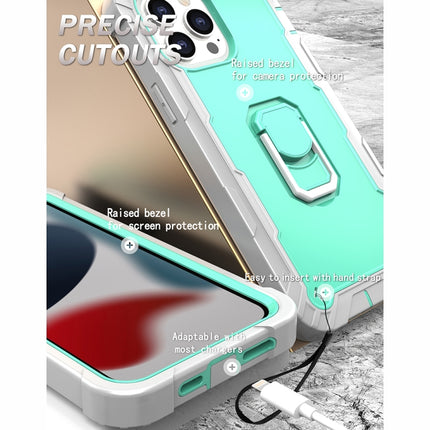 PC + Rubber 3-layers Shockproof Protective Case with Rotating Holder For iPhone 13 Pro Max(Grey White + Mint Green)-garmade.com