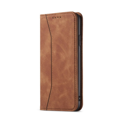 Skin-feel Calfskin Texture Magnetic Dual-Fold Horizontal Flip Leather Case with Holder & Card Slots & Wallet For iPhone 13 mini(Brown)-garmade.com