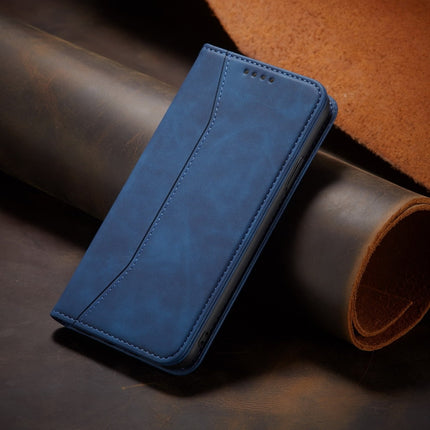Skin-feel Calfskin Texture Magnetic Dual-Fold Horizontal Flip Leather Case with Holder & Card Slots & Wallet For iPhone 13(Blue)-garmade.com