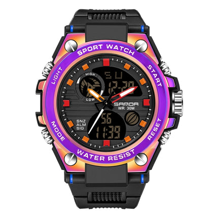 SANDA Dual Digital Display Luminous Stopwatch Chronograph Alarm Clock Men Quartz Sports Watch(739 Symphony Purple)-garmade.com