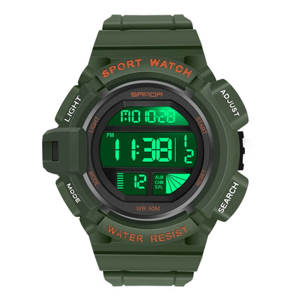 SANDA 2106 LED Digital Display Luminous Alarm Clock Men Outdoor Sports Electronic Watch(Army Green)-garmade.com