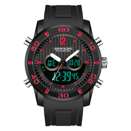 SANDA 3106 Dual Digital Display Men Outdoor Sports Luminous Shockproof Electronic Watch(Black Red)-garmade.com