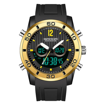 SANDA 3106 Dual Digital Display Men Outdoor Sports Luminous Shockproof Electronic Watch(Black Gold)-garmade.com