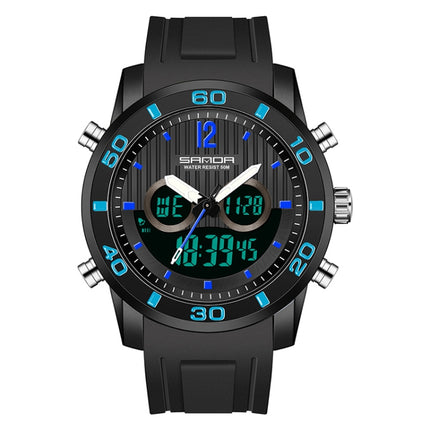 SANDA 3106 Dual Digital Display Men Outdoor Sports Luminous Shockproof Electronic Watch(Black Blue)-garmade.com