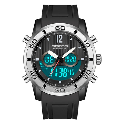 SANDA 3106 Dual Digital Display Men Outdoor Sports Luminous Shockproof Electronic Watch(Black Silver)-garmade.com