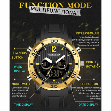 SANDA 3106 Dual Digital Display Men Outdoor Sports Luminous Shockproof Electronic Watch(Black Gold)-garmade.com