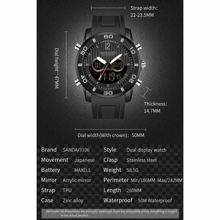 SANDA 3106 Dual Digital Display Men Outdoor Sports Luminous Shockproof Electronic Watch(Full Black)-garmade.com