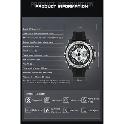 SANDA 3107 Dual Digital Display Luminous Alarm Clock Men Outdoor Sports Electronic Watch(Black Silver)-garmade.com
