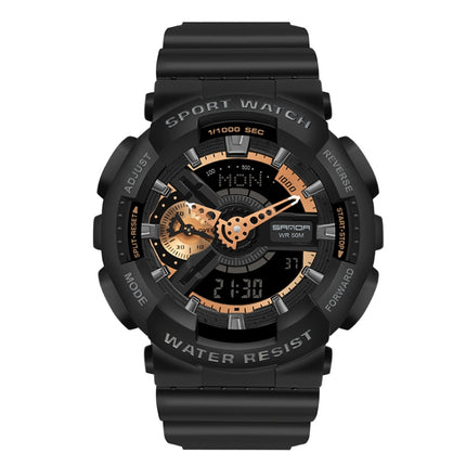 SANDA World Time Luminous Calendar Multifunctional Men Sports Quartz Watch(3110 Black Rose Gold)-garmade.com