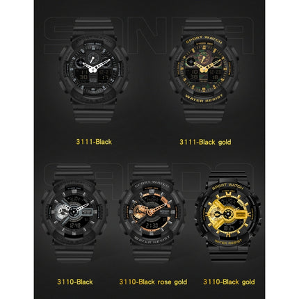 SANDA World Time Luminous Calendar Multifunctional Men Sports Quartz Watch(3110 Black Rose Gold)-garmade.com