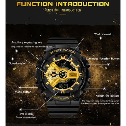 SANDA World Time Luminous Calendar Multifunctional Men Sports Quartz Watch(3110 Black Gold)-garmade.com