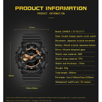 SANDA World Time Luminous Calendar Multifunctional Men Sports Quartz Watch(3110 Black Gold)-garmade.com