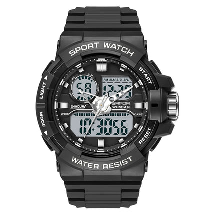 SANDA 6025 Dual Time Digital Display Luminous Calendar Waterproof Multifunctional Men Sports Quartz Watch(Black White)-garmade.com