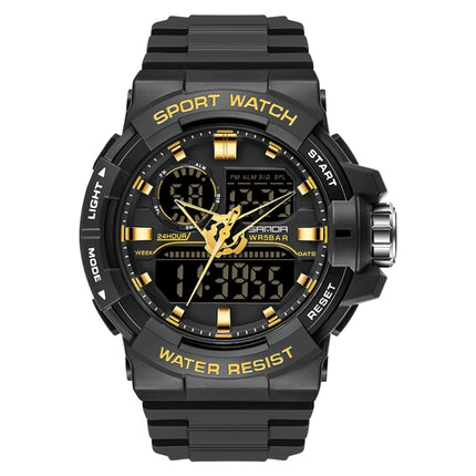 SANDA 6025 Dual Time Digital Display Luminous Calendar Waterproof Multifunctional Men Sports Quartz Watch(Black Gold)-garmade.com