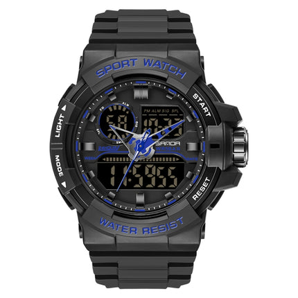 SANDA 6025 Dual Time Digital Display Luminous Calendar Waterproof Multifunctional Men Sports Quartz Watch(Black Blue)-garmade.com