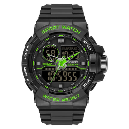 SANDA 6025 Dual Time Digital Display Luminous Calendar Waterproof Multifunctional Men Sports Quartz Watch(Black Green)-garmade.com