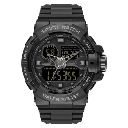 SANDA 6025 Dual Time Digital Display Luminous Calendar Waterproof Multifunctional Men Sports Quartz Watch(All Black)-garmade.com