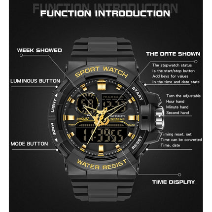 SANDA 6025 Dual Time Digital Display Luminous Calendar Waterproof Multifunctional Men Sports Quartz Watch(Black Gold)-garmade.com