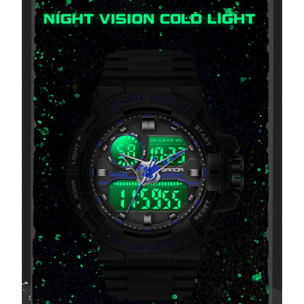 SANDA 6025 Dual Time Digital Display Luminous Calendar Waterproof Multifunctional Men Sports Quartz Watch(Black Green)-garmade.com