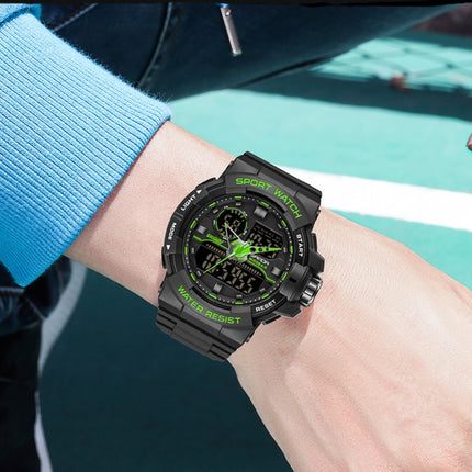 SANDA 6025 Dual Time Digital Display Luminous Calendar Waterproof Multifunctional Men Sports Quartz Watch(Black Green)-garmade.com