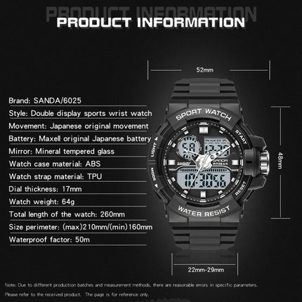 SANDA 6025 Dual Time Digital Display Luminous Calendar Waterproof Multifunctional Men Sports Quartz Watch(Black Green)-garmade.com