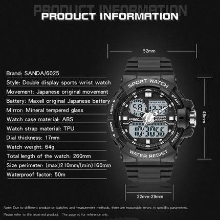 SANDA 6025 Dual Time Digital Display Luminous Calendar Waterproof Multifunctional Men Sports Quartz Watch(Black White)-garmade.com