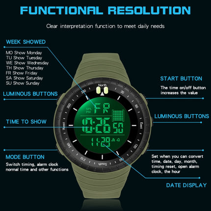 SANDA 6071 Three-split Screen LED Digital Display Luminous Stopwatch Timing Multifunctional Men Sports Electronic Watch(Army Green)-garmade.com