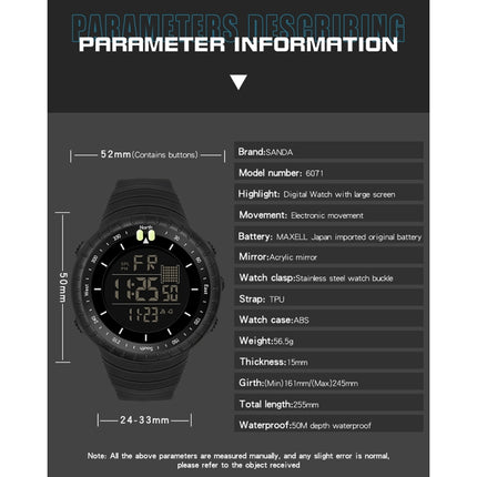 SANDA 6071 Three-split Screen LED Digital Display Luminous Stopwatch Timing Multifunctional Men Sports Electronic Watch(Black White)-garmade.com