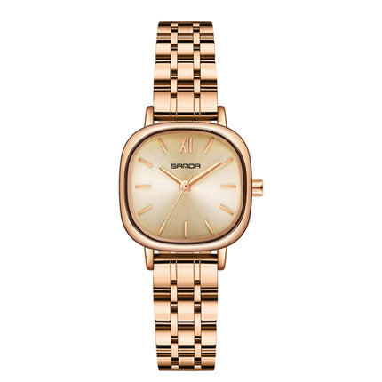 SANDA P1098 Simple Bar Scale Oval Dial Quartz Watch for Women(Steel Belt Rose Gold)-garmade.com