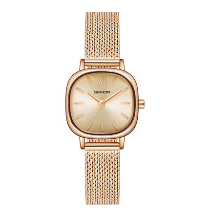 SANDA P1098 Simple Bar Scale Oval Dial Quartz Watch for Women(Mesh Belt Rose Gold)-garmade.com