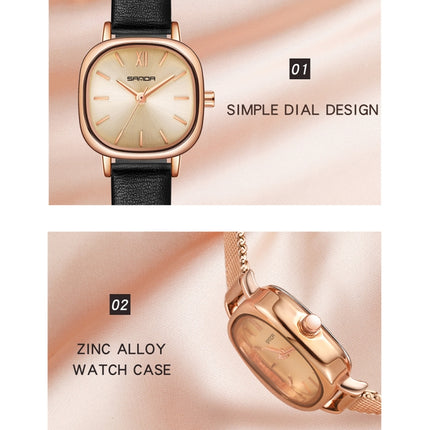 SANDA P1098 Simple Bar Scale Oval Dial Quartz Watch for Women(Mesh Belt Rose Gold)-garmade.com