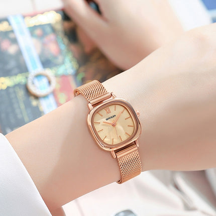 SANDA P1098 Simple Bar Scale Oval Dial Quartz Watch for Women(Mesh Belt Rose Gold)-garmade.com