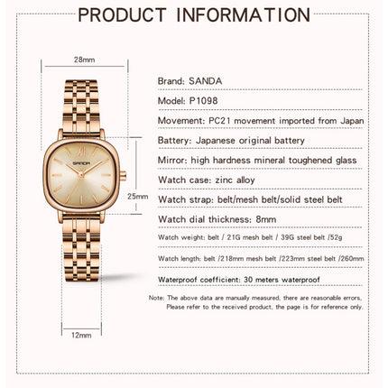 SANDA P1098 Simple Bar Scale Oval Dial Quartz Watch for Women(Mesh Belt Rose Gold)-garmade.com