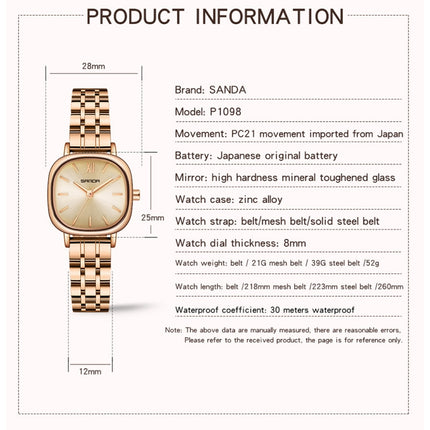 SANDA P1098 Simple Bar Scale Oval Dial Quartz Watch for Women(Belt Green)-garmade.com