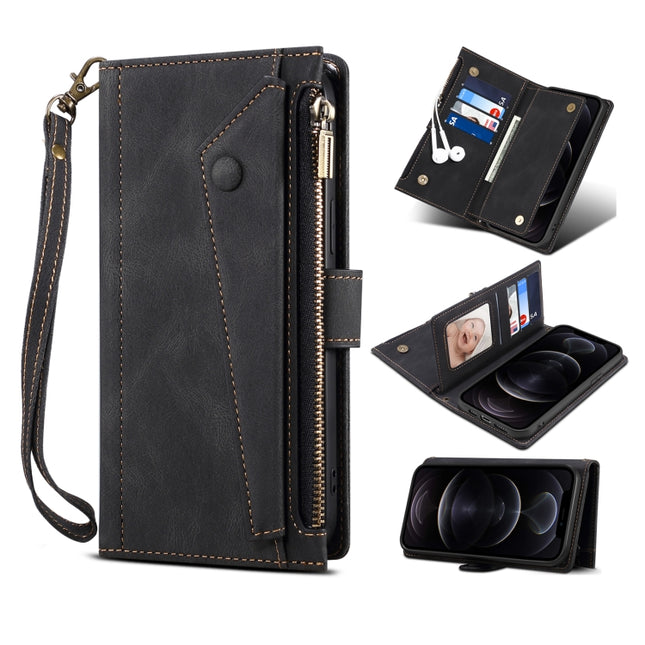 Retro Frosted Horizontal Flip Leather Case with Holder & Card Slot & Wallet & Zipper Pocket & Lanyard For iPhone 13 Pro(Black)-garmade.com