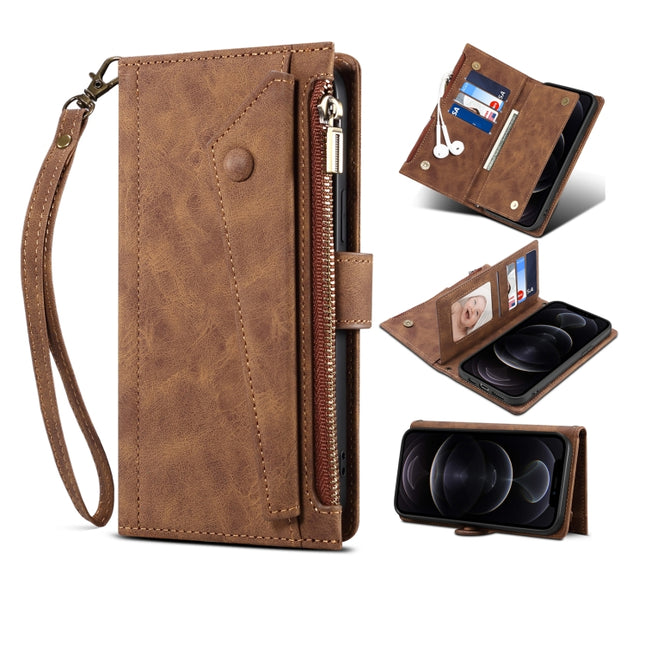 Retro Frosted Horizontal Flip Leather Case with Holder & Card Slot & Wallet & Zipper Pocket & Lanyard For iPhone 13(Brown)-garmade.com