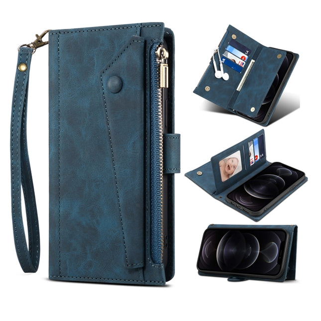 Retro Frosted Horizontal Flip Leather Case with Holder & Card Slot & Wallet & Zipper Pocket & Lanyard For iPhone 13(Deep Green)-garmade.com
