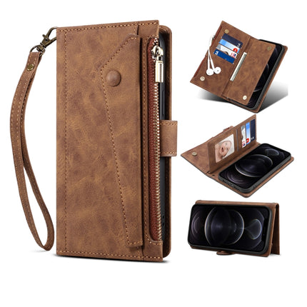 Retro Frosted Horizontal Flip Leather Case with Holder & Card Slot & Wallet & Zipper Pocket & Lanyard For iPhone 13 mini(Brown)-garmade.com