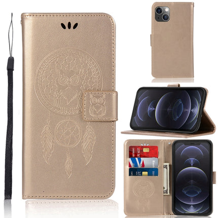 Wind Chime Owl Embossing Pattern Horizontal Flip Leather Case with Holder & Card Slots & Wallet For iPhone 13(Gold)-garmade.com