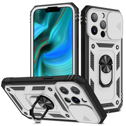Sliding Camera Cover Design TPU + PC Protective Case with 360 Degree Rotating Holder & Card Slot For iPhone 13 Pro Max(White+Black)-garmade.com