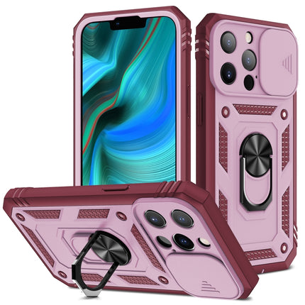 Sliding Camera Cover Design TPU + PC Protective Case with 360 Degree Rotating Holder & Card Slot For iPhone 13 Pro Max(Pink+Dark Red)-garmade.com