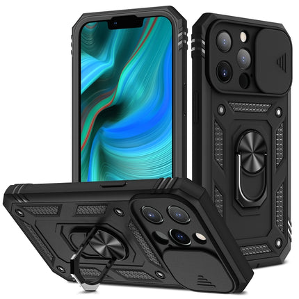 Sliding Camera Cover Design TPU + PC Protective Case with 360 Degree Rotating Holder & Card Slot For iPhone 13 Pro Max(Black+Black)-garmade.com