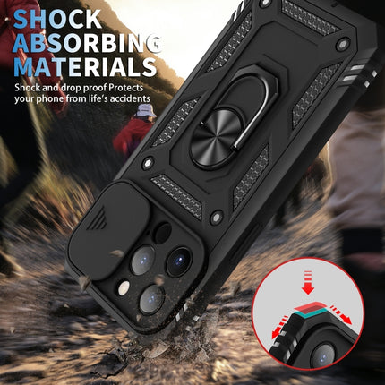 Sliding Camera Cover Design TPU + PC Protective Case with 360 Degree Rotating Holder & Card Slot For iPhone 13 Pro Max(Black+Black)-garmade.com