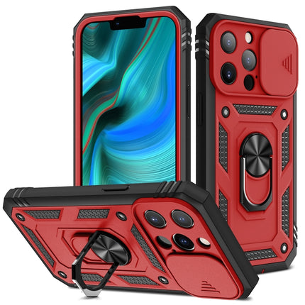 Sliding Camera Cover Design TPU + PC Protective Case with 360 Degree Rotating Holder & Card Slot For iPhone 13 Pro Max(Red+Black)-garmade.com