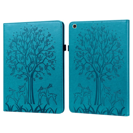 For Samsung Galaxy Tab A 10.1 2019 Tree & Deer Pattern Pressed Printing Horizontal Flip PU Leather Case with Holder & Card Slots(Blue)-garmade.com