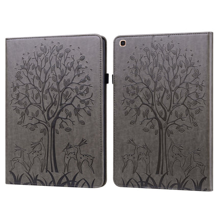 For Samsung Galaxy Tab A 10.1 2019 Tree & Deer Pattern Pressed Printing Horizontal Flip PU Leather Case with Holder & Card Slots(Grey)-garmade.com
